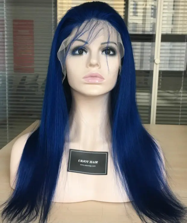 Mavi renk ipek düz % 100 İnsan saç brezilyalı bakire saç ünlü peruk dantel ön peruk siyah kadın için ücretsiz kargo