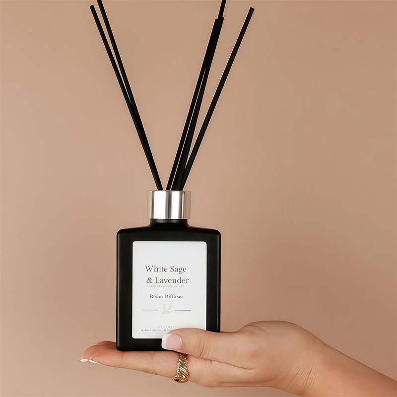 Labeled Black Square Jar Diffuser