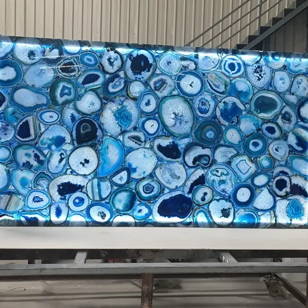 Translucent Natural Agate Laminated With Glass Panel Customized Backlit Blue Agate Gemstone Stone Slabs