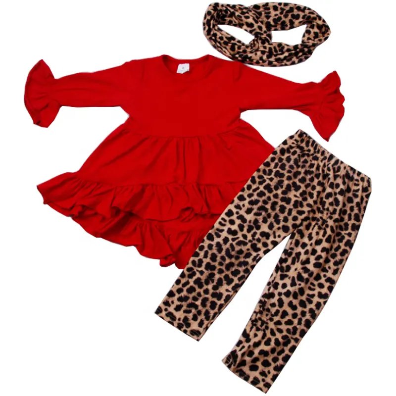 Mode mädchen boutique kleidung set großhandel übersee rüschen red top und leopard print leggings outfit mit schal für kinder