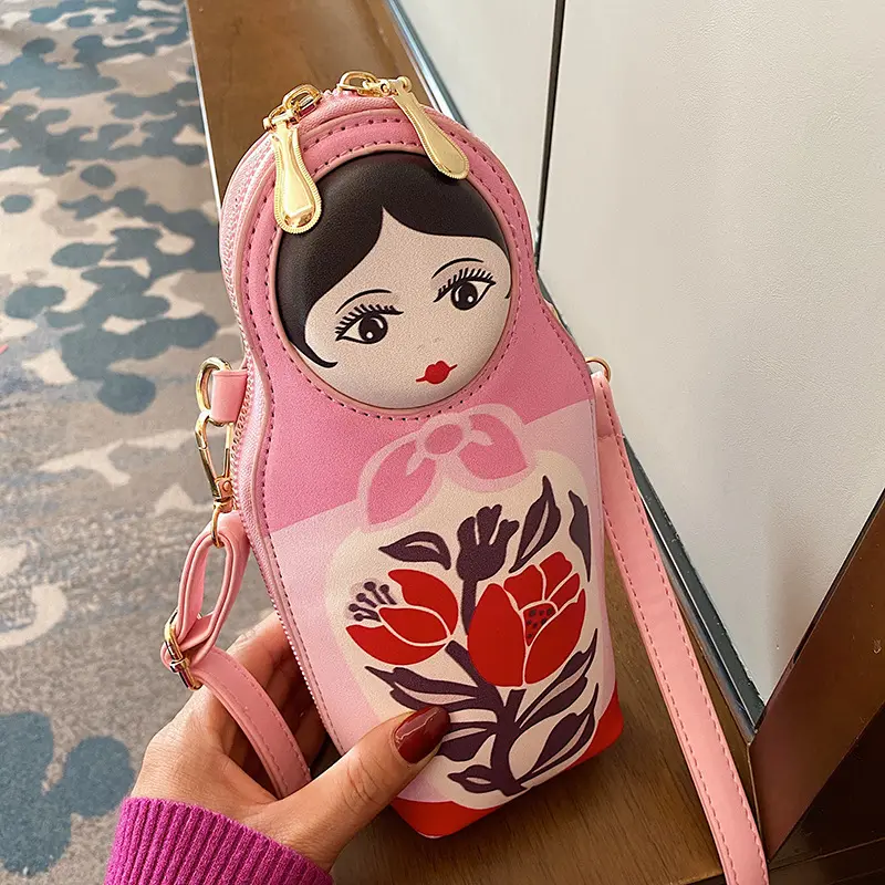 귀여운 Matryoshka 인형 모양의 숄더백 핑크 작은 크로스 바디 가방 여성용 가죽 지갑과 핸드백 소녀 클러치 백