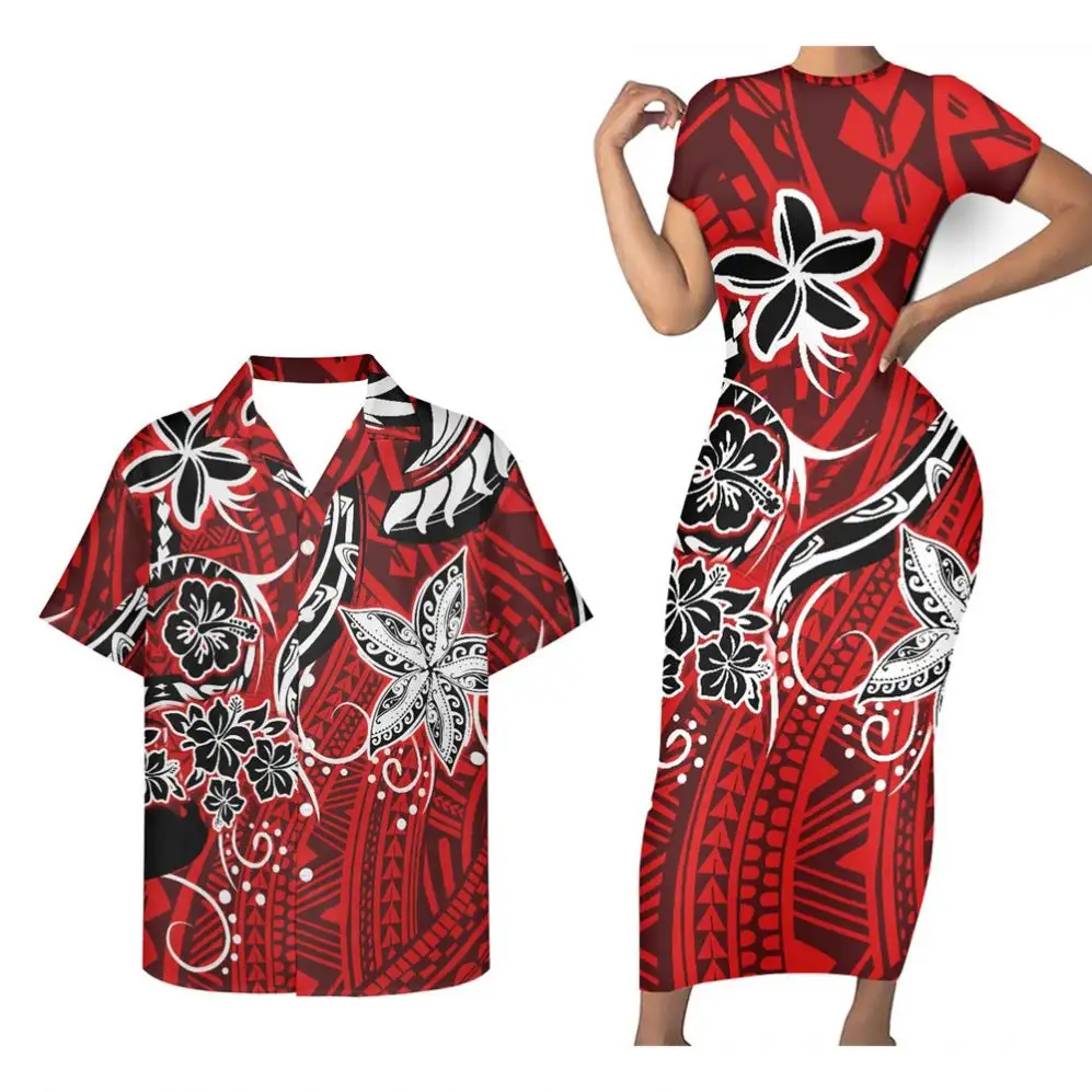 Lovers Couple Matching Clothing Polynesian Tribal Samoa Hawaii Flowers Red Print Custom Elegant Casual Dresses and Men's Shirts