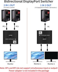 Interruptor DisplayPort bidireccional 2 en 1 salida/1 en 2 salida 8K30Hz 4K120Hz Displayport Switcher DP Switch para PC Monitor Laptop