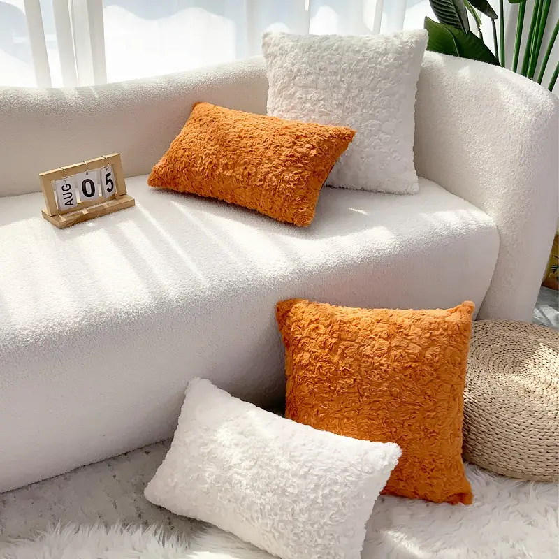 Özel lüks tavşan saç kabartmalı peluş yastık Ins düz renk ev dekoratif yastık kanepe için kapakları