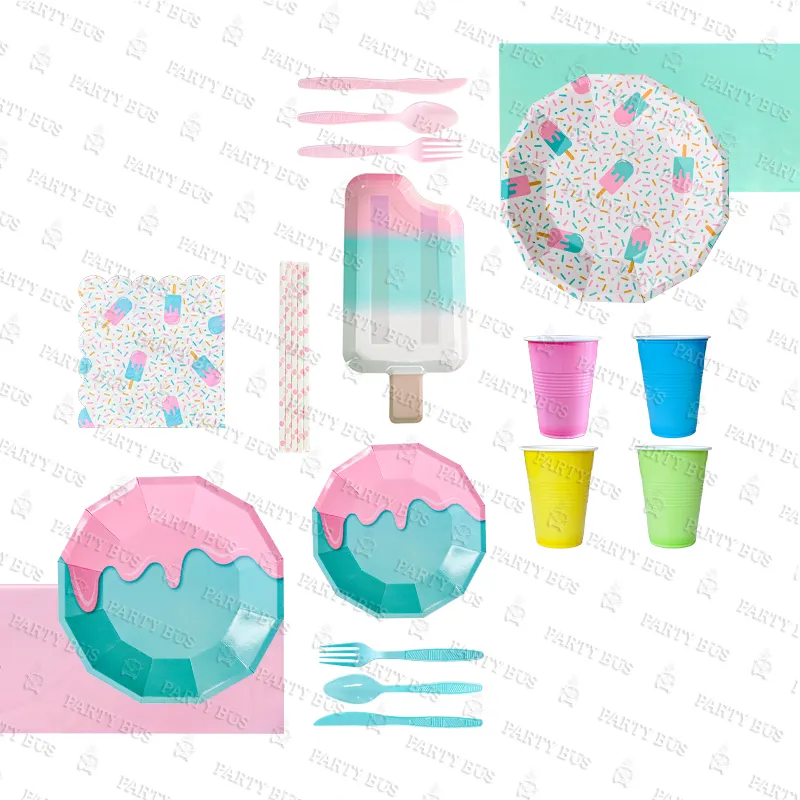 PARTYBUS New Summer Ice Cream Melting piatti di carta usa e getta tazze tovaglioli kit di stoviglie per bambini forniture per feste di compleanno