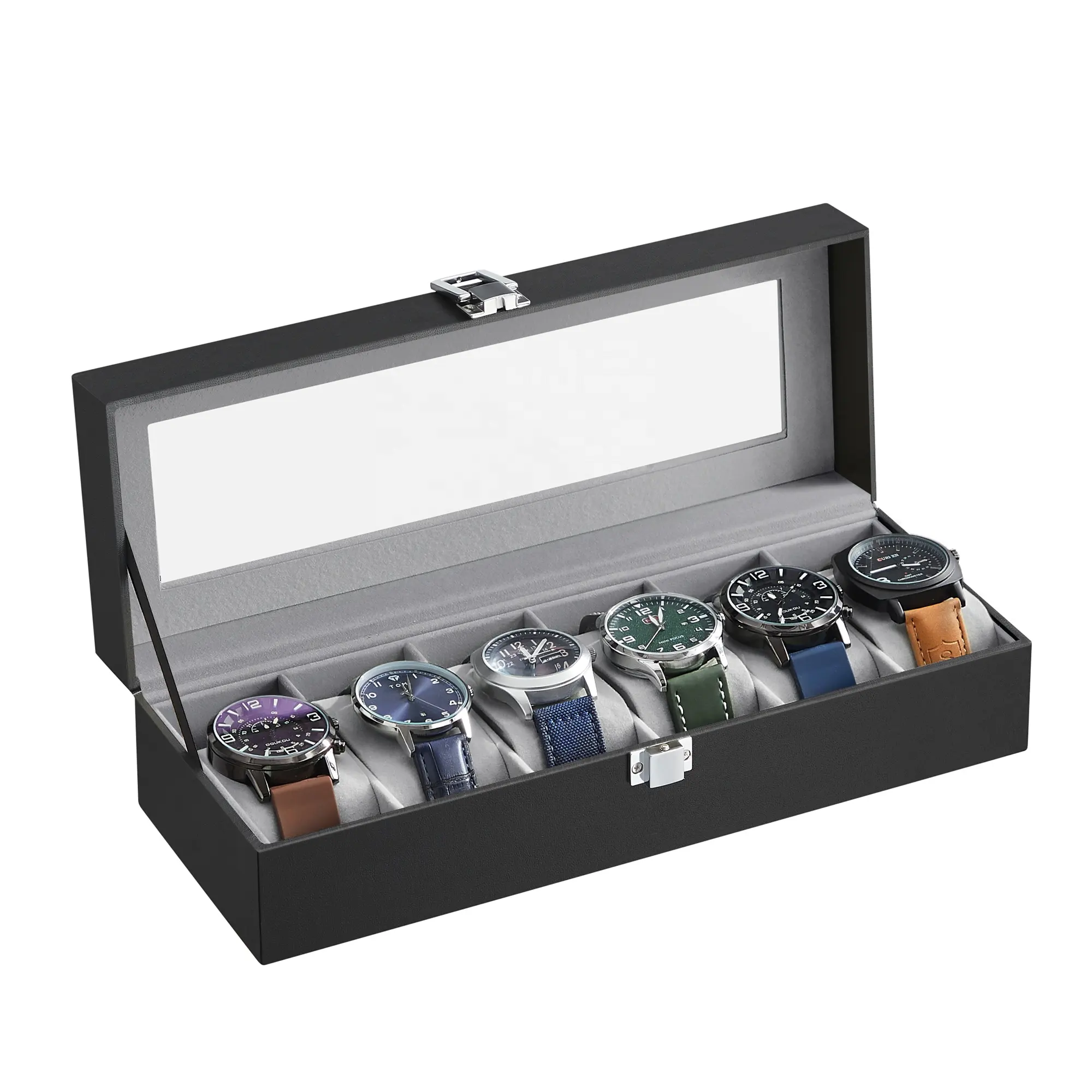 SONGMICS Black Synthetic Leather Watch Display Case with Removable Watch Pillows Watch Box with 6 Slots