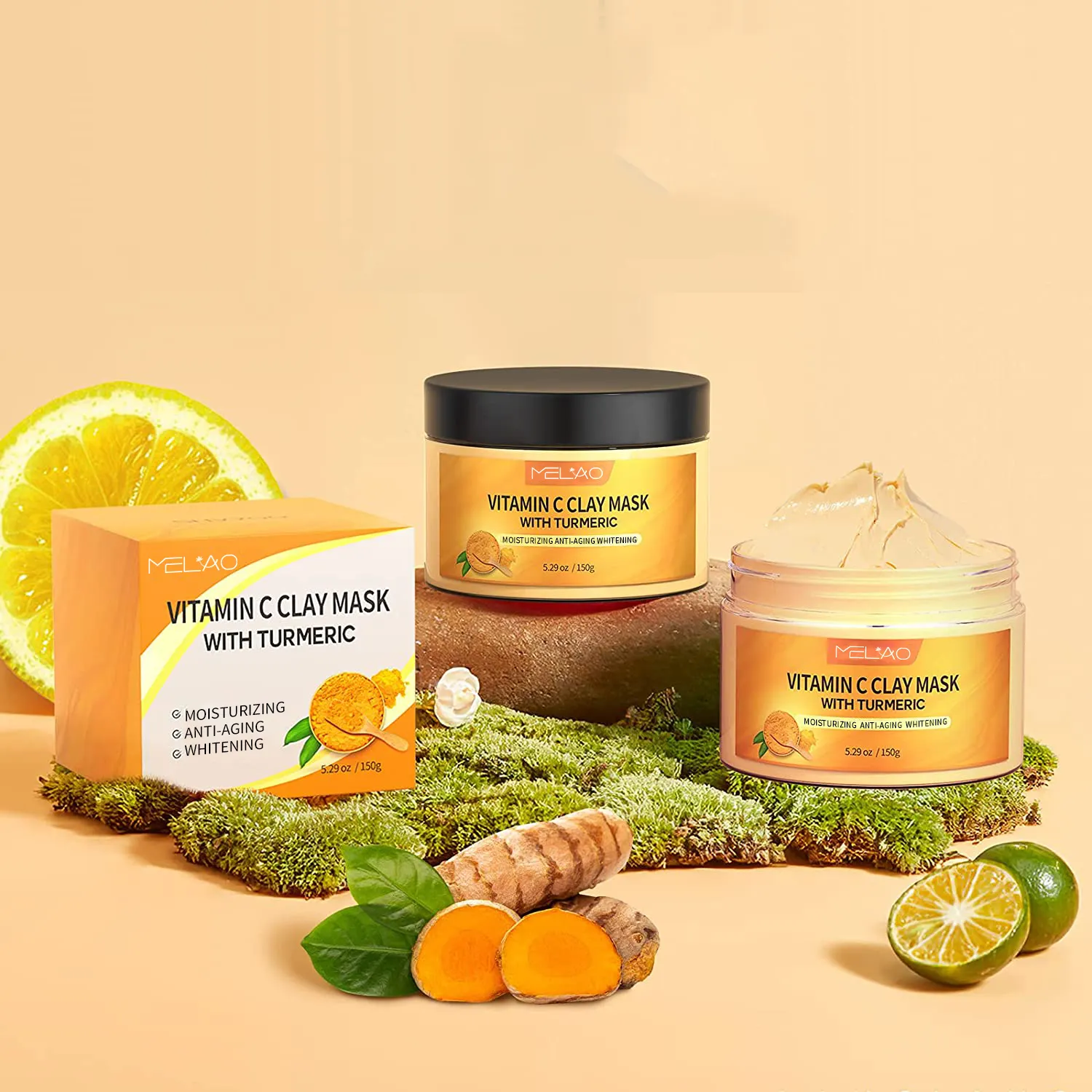 MELAO Vitamina C con Cúrcuma Blanqueamiento DE LA PIEL Limpieza Mascarillas faciales Crema Orgánica Natural Aclaramiento Mascarilla de arcilla vegana al por mayor