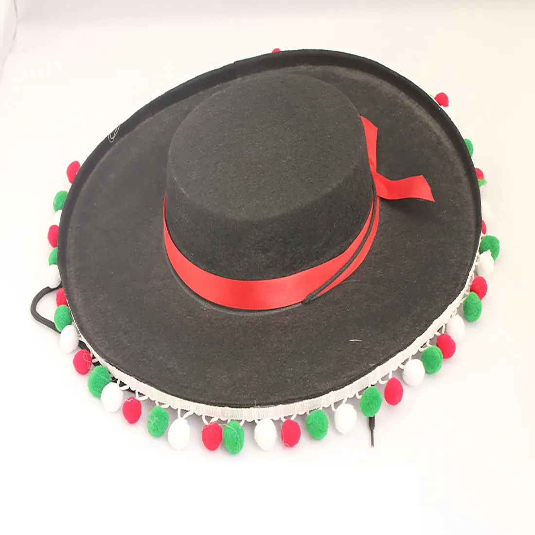 Sombrero de fieltro con colgante de pompón para Fiesta, Sombrero de fieltro con colgante de pompón rojo español para Fiesta