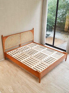 Nhật Bản Rắn Gỗ Nhà Ở Anh Đào Gỗ Đôi Cổ Điển Mây Dệt 1.51.8 Mét Hộ Gia Đình Nhỏ Giường Chính - Product Image 6