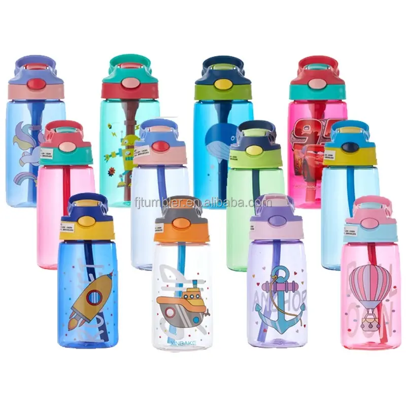 2024 16 oz plastik çocuklar su şişesi okul saman BPA ücretsiz sevimli baskı ile çocuk içmek için 500ml su şişesi çocuklar