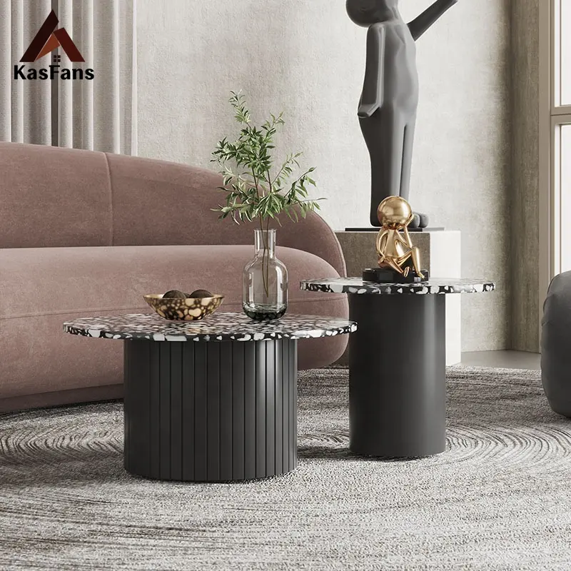 Leisure Decorative Marble Coffee Table Units High End Terrazzo Round Tea Tables All-match Home Center Table Sets Unique Design