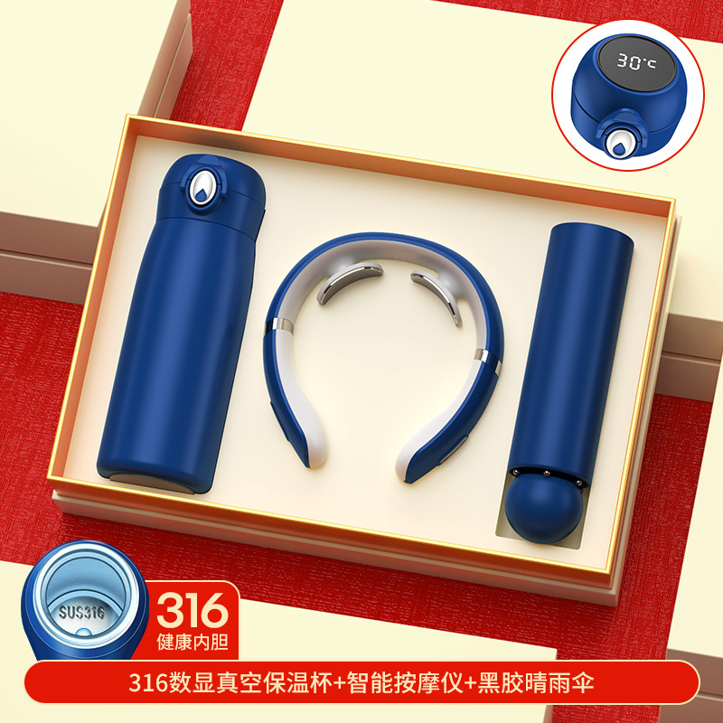 Tasse Thermos Bleu Saphir 316, Parapluie en Fibre de Verre Vinyle Noir, Coffret Cadeau de Massage, Sac Cadeau