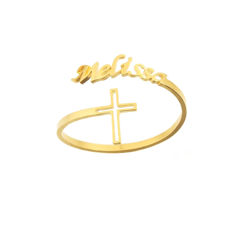 Anillo de acero inoxidable para mujer, sortija de compromiso con nombre personalizado y Cruz