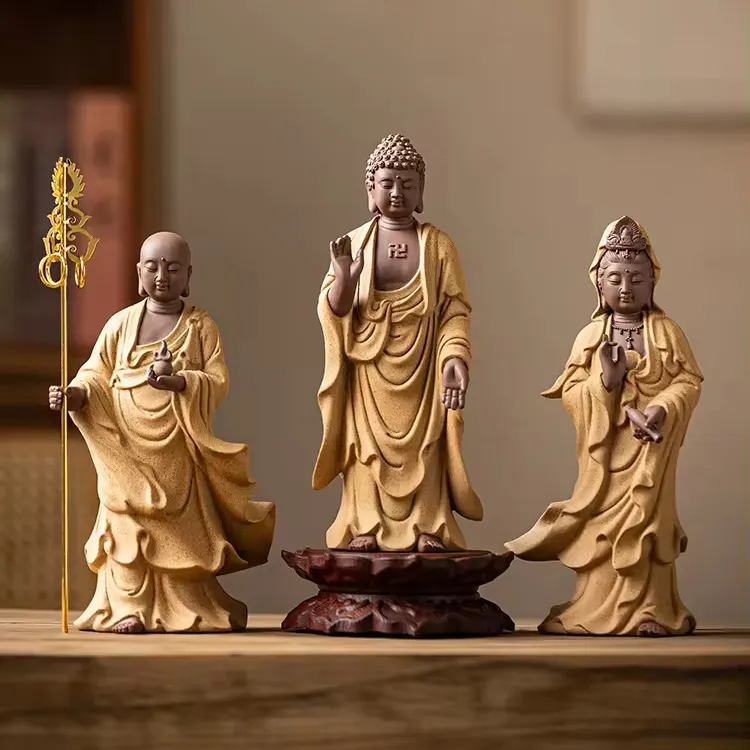 Chinesisches Keramikhandwerk Drei Heilige Heimdekoration Keramik Guanyin Gautama Buddha Ksitigarbha Bodhisattva-Statue
