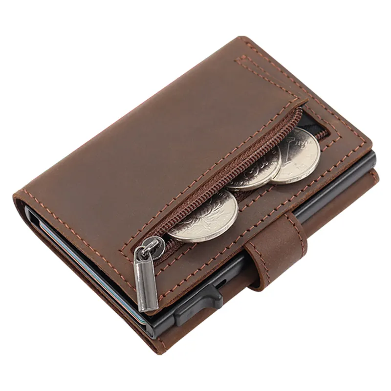 맞춤형 알루미늄 팝업 지갑 미친 말 정품 가죽 금속 지갑 슬림 RFID 차단 카드 홀더 지갑