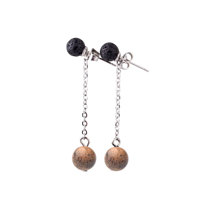 Boucles d'oreilles pendantes en jaspe naturel pour femmes et filles Boucles d'oreilles longues en forme de boule de cristal avec pierre de lave