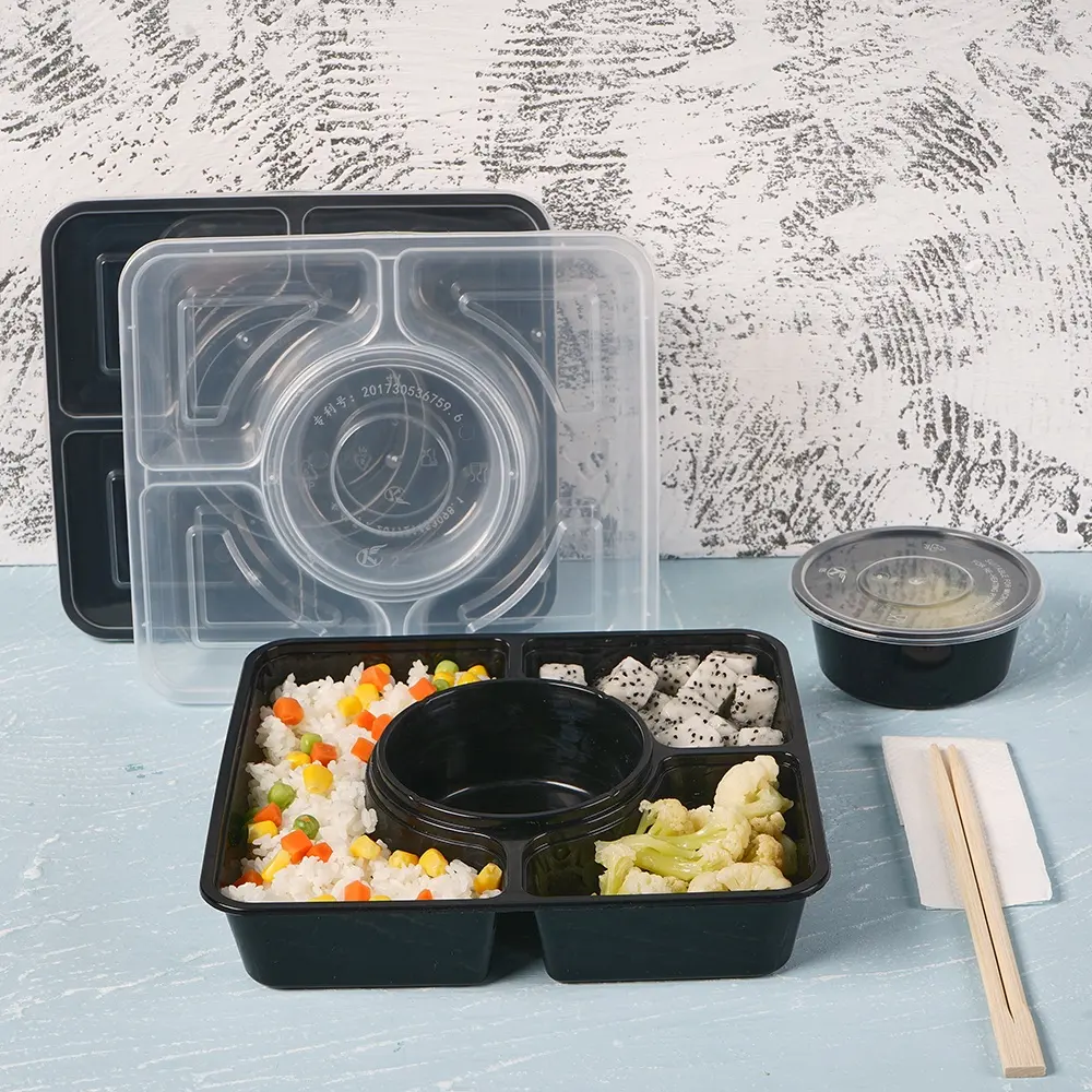 Boîte à déjeuner jetable pp micro-ondable, conteneur de nourriture à compartiment, boîte à déjeuner à emporter pour repas de riz bento fast food