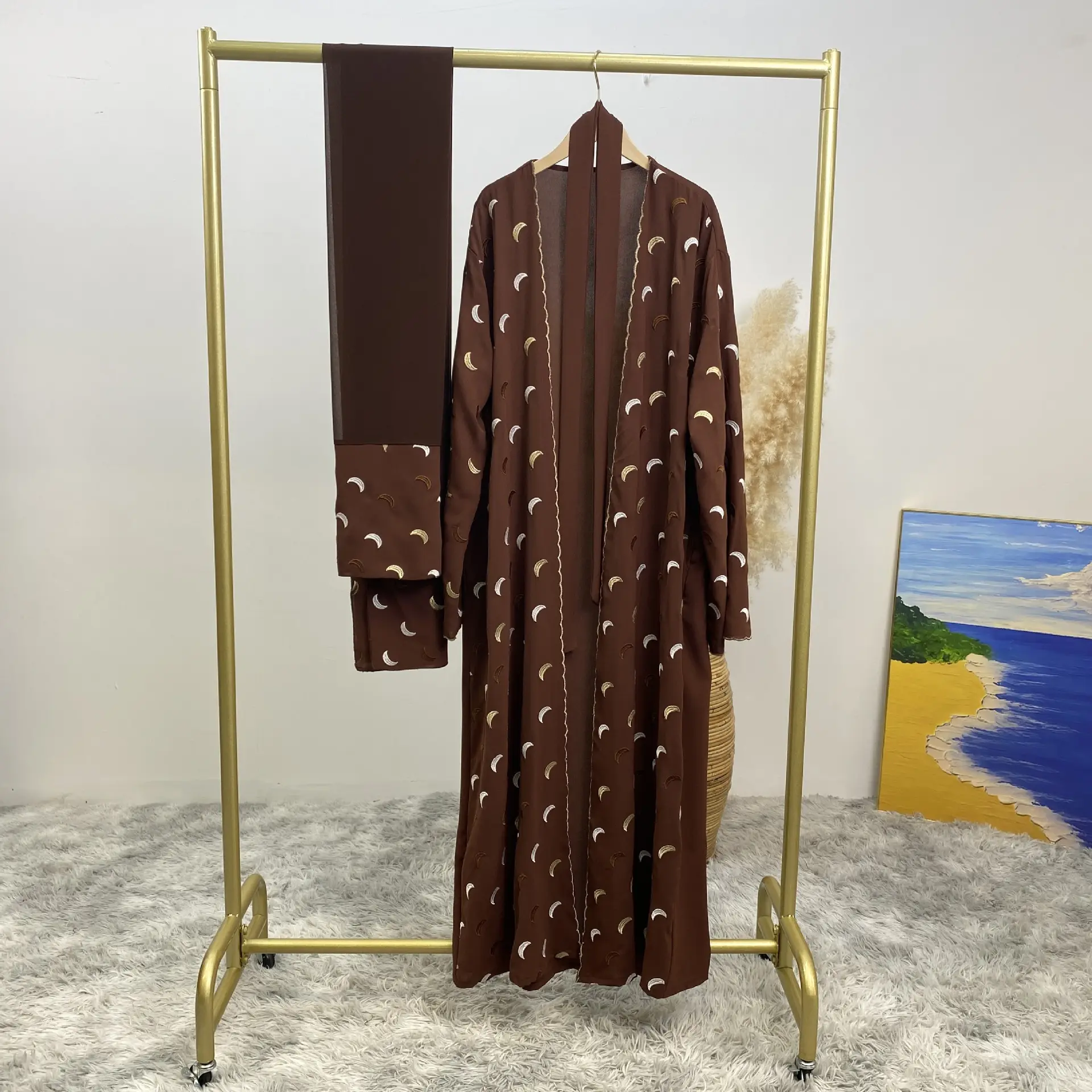 Bicomfort Ramadan nuovo crêpe 2 pezzi Abaya Set oro bordo grazioso ricamo luna con tasche Cardigan donna con Hijab 4 colori