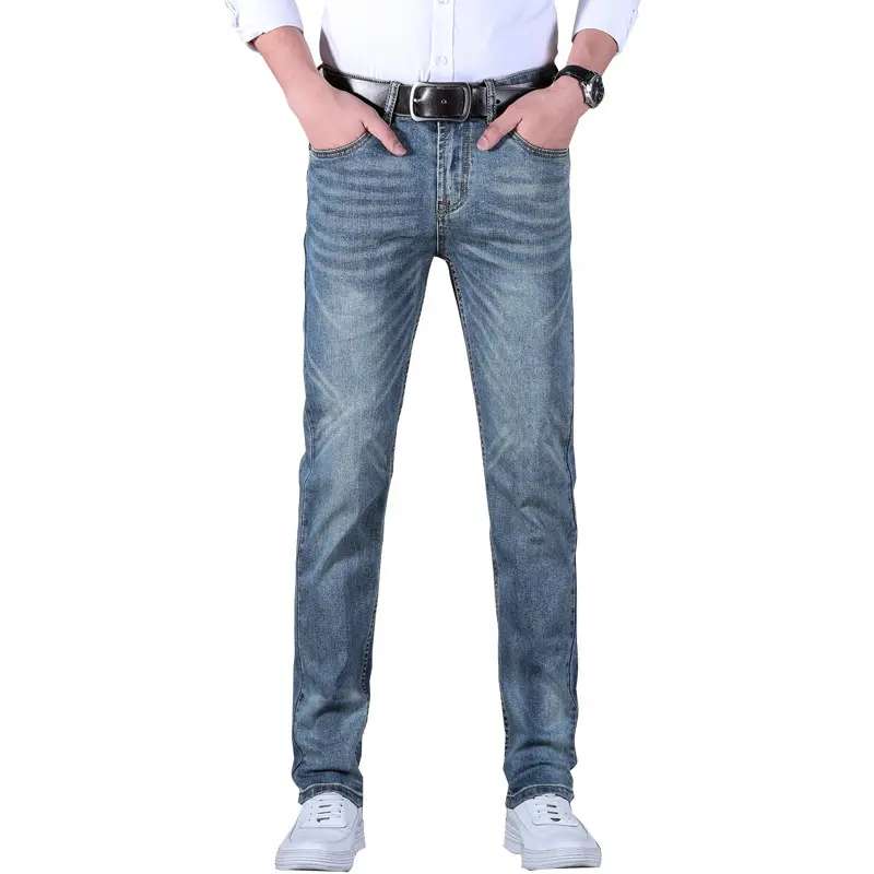 Calça jeans masculina de corte regular, calça jeans azul rasgada de alta qualidade com elástico