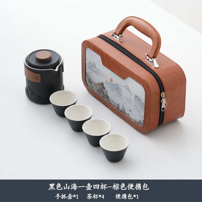 Ensemble théière et quatre tasses Black-Mountain and Sea - Sac marron
