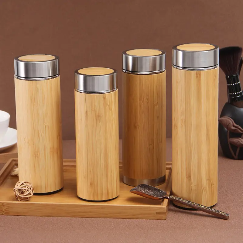 Premium Bamboo Stainless Steel Vacuum Insulated Thermo Bottle 500ml Double Walled Coffee Tea Infuser Tumbler Flask with Handle