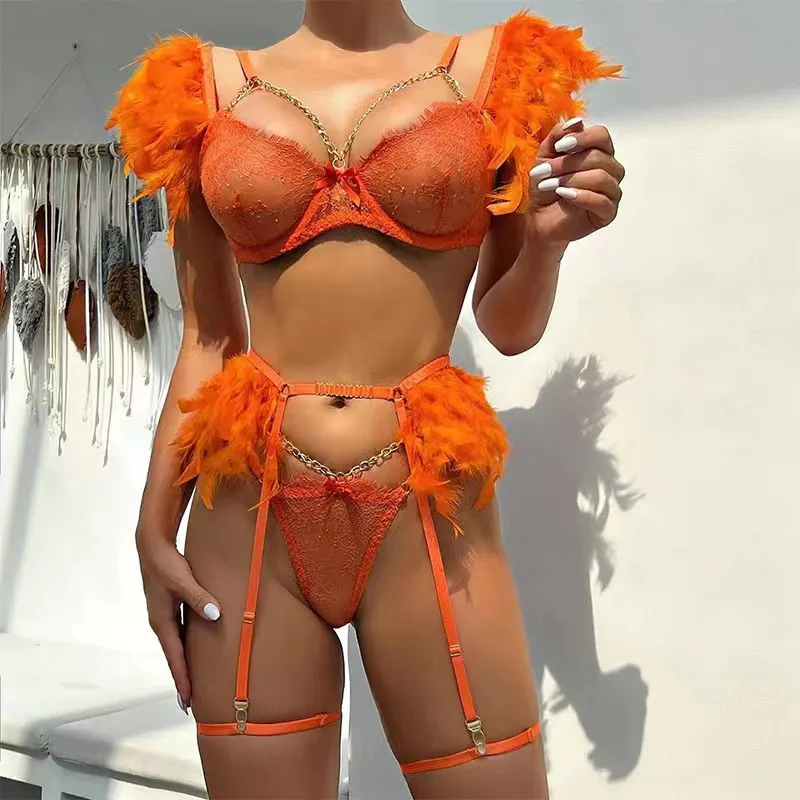 high quality new design feather sexy bra and panty and garter three piece lingerie set for women
