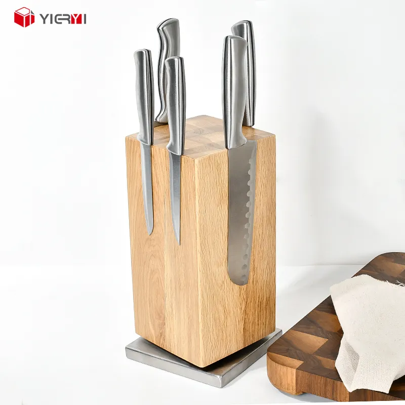 Bloc de couteaux magnétique rotatif Offre Spéciale européen Porte-couteau magnétique en bois de chêne blanc Porte-couteau en bois de cuisine avec base en métal