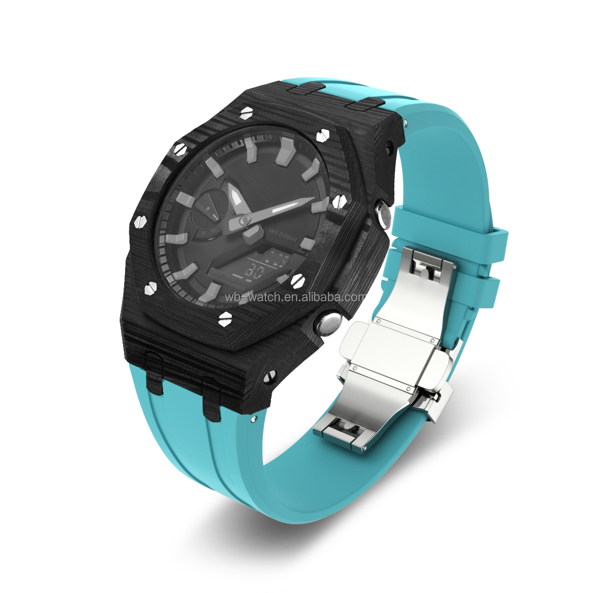 Boîtier de montre en fibre de carbone noir + ruban bleu Tiffany