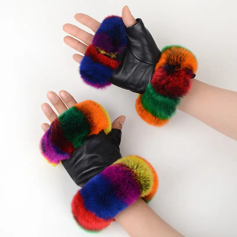 Женские модные зимние меховые варежки, перчатки без пальцев из натуральной кожи, черные кожаные перчатки с цветным мехом