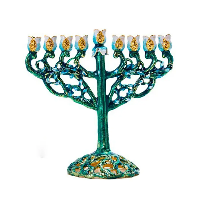 Candelabro de metal europeo decoración judía retro esmalte color Lámpara de nueve cabezas soporte artes religiosas y artesanías Amazon al por mayor