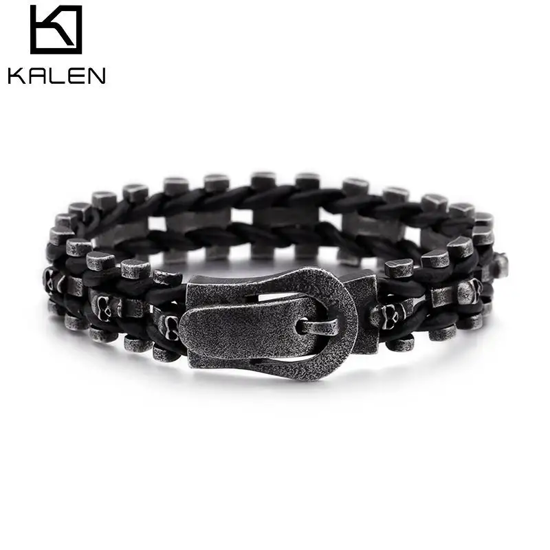 KALEN Charm Mens Skull Jewelry bracciale intrecciato in corda di cuoio braccialetti Punk opachi neri fatti a mano in acciaio inossidabile per uomo