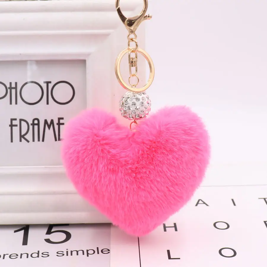 Lindo corazón pompones llavero Arco Iris bolas de felpa llaveros colgante bolsa accesorios coche llaveros moda POM llavero