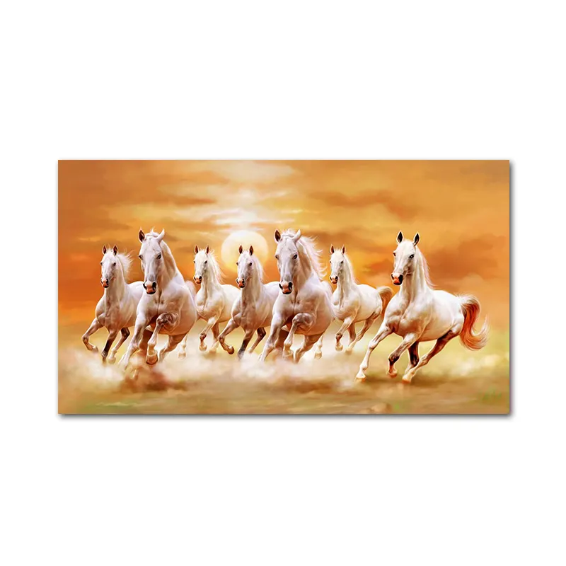 HY 7 Cavalos Correndo Pinturas Animais Cavalos Ao Pôr do Sol Wall Art Canvas Pintura Para Sala De Estar