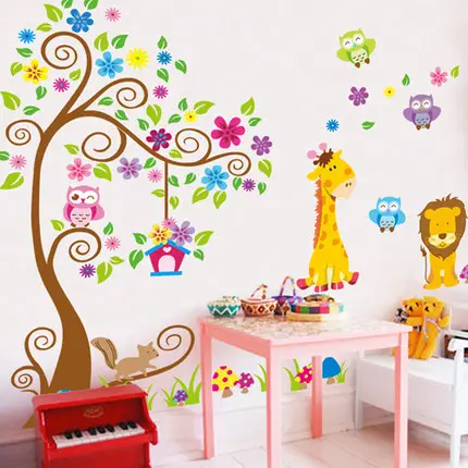 Venta al por mayor de dibujos animados de animales paraíso habitación de los niños jardín de infantes decoración lindo búho flor árbol pegatinas de pared