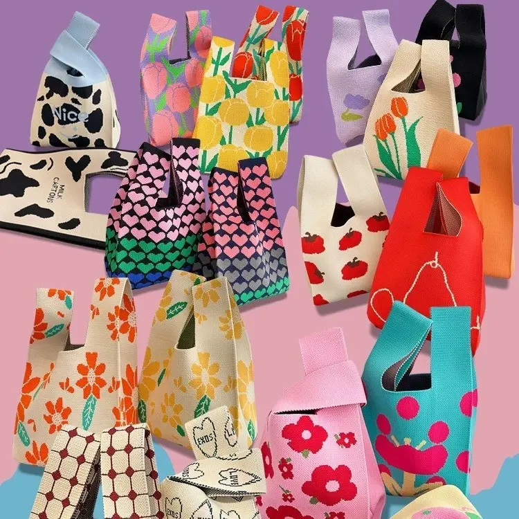 2024 tasarımcı alışveriş örme Tote çanta damalı çiçekler Polyester örme Tote çantalar ve çanta