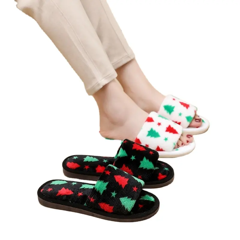 Autumn and winter new Christmas tree plush cotton slippers for women's home indoor warm non slip word cotton slippers
