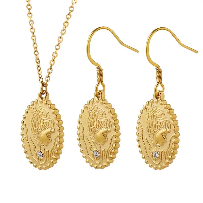 Conjuntos de joyas de camafeo ovalado de grano Vintage, conjuntos de pendientes de collar de relieve de retrato de circón de acero inoxidable chapado en oro de 18 quilates