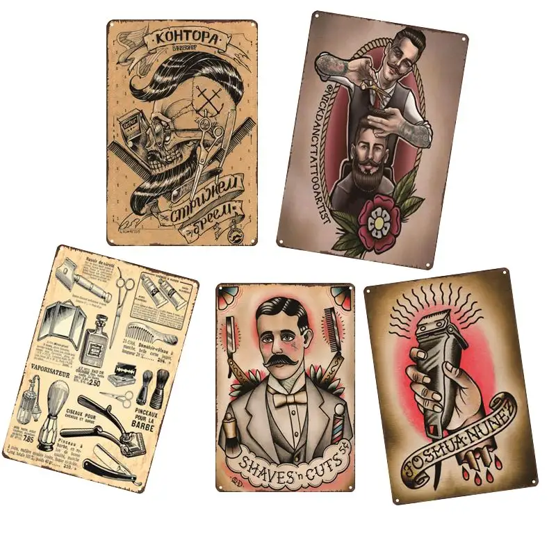 Venta al por mayor vintage de metal retro estaño signos para salón de peluquería tienda de decoración de corte de pelo mezclado muchos diseños