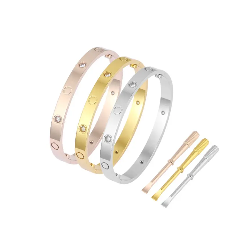 Pulseira de anel, famosa marca personalizada de logotipo em aço inoxidável clássico parafuso anel pulseira rosa dourada amantes pulseira sem desbotamento com driver