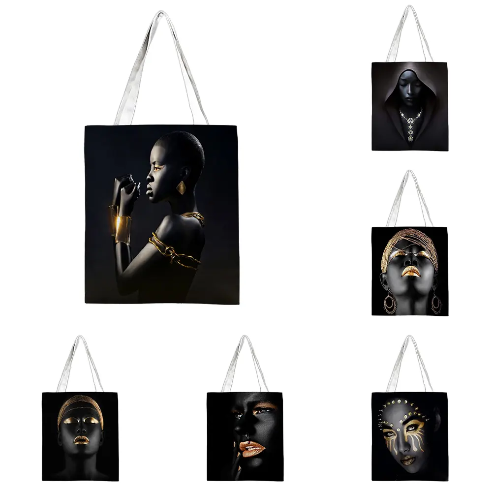 Grosir tas belanja cetak wanita hitam Afrika daur ulang dan tas Tote kanvas