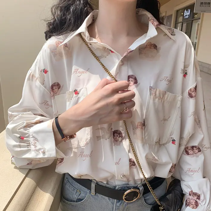 Camisa de mujer con estampado de Ángel, blusa elegante Vintage para mujer, primavera 2024, manga farol, ropa femenina, camisa holgada Bf