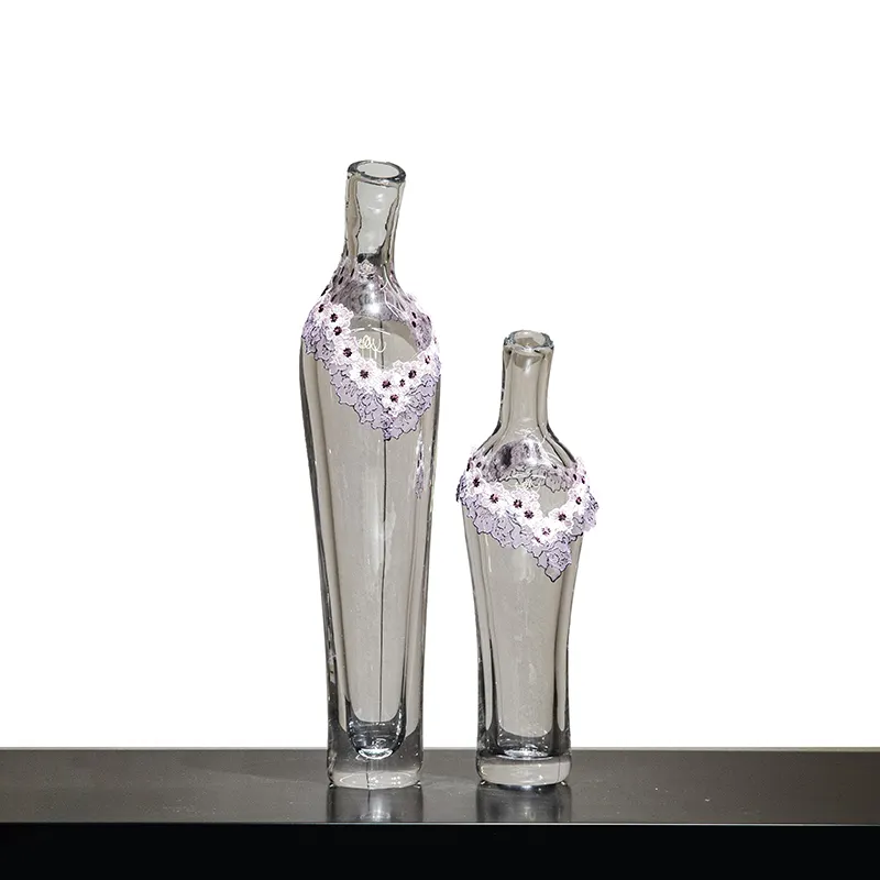 Beau couple petite grande fille noble violet haut vase en cristal de terre cuite en verre plat