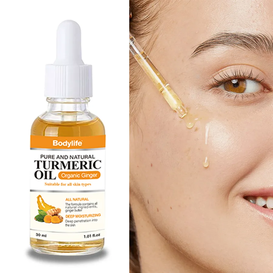 Huile de curcuma de marque privée blanchissant le visage éclaircissant l'acné Anti-âge correcteur de taches foncées huile de curcuma pour éclaircir la peau