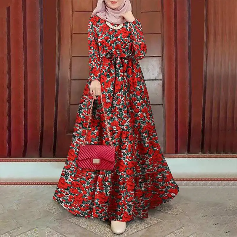 Nuevo diseño de ropa islámica flor Abaya Dubai señoras fiesta mujeres túnica turca musulmán étnico cuello redondo vestido ropa de mujer