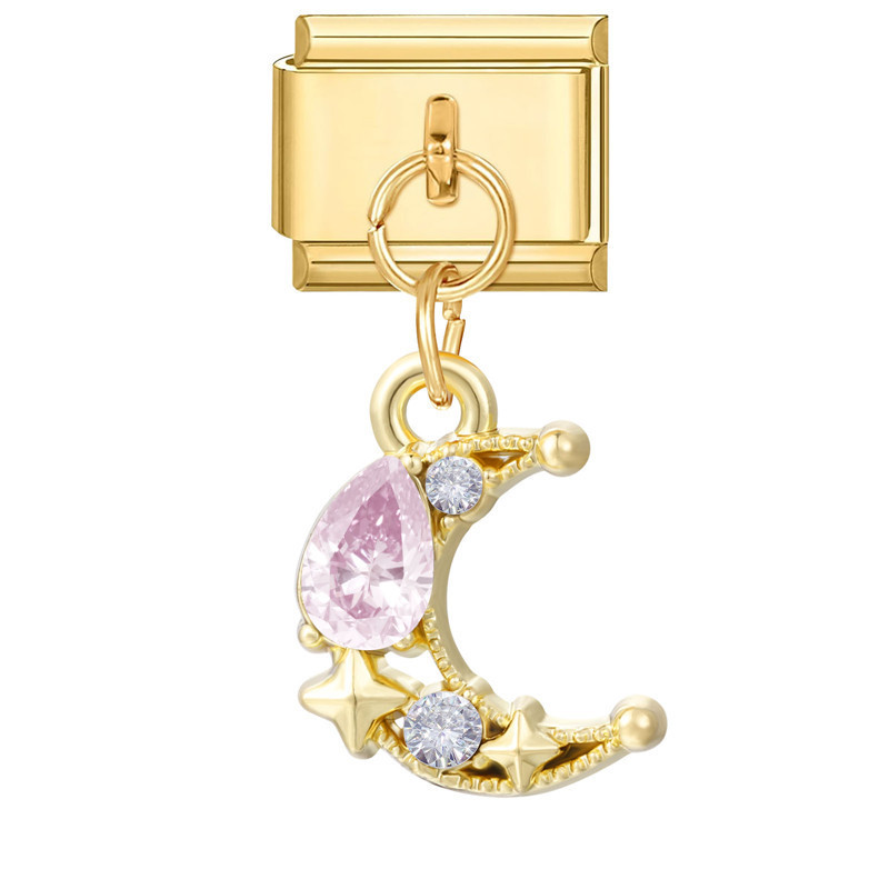 Pendentif fond doré-lune diamant rose