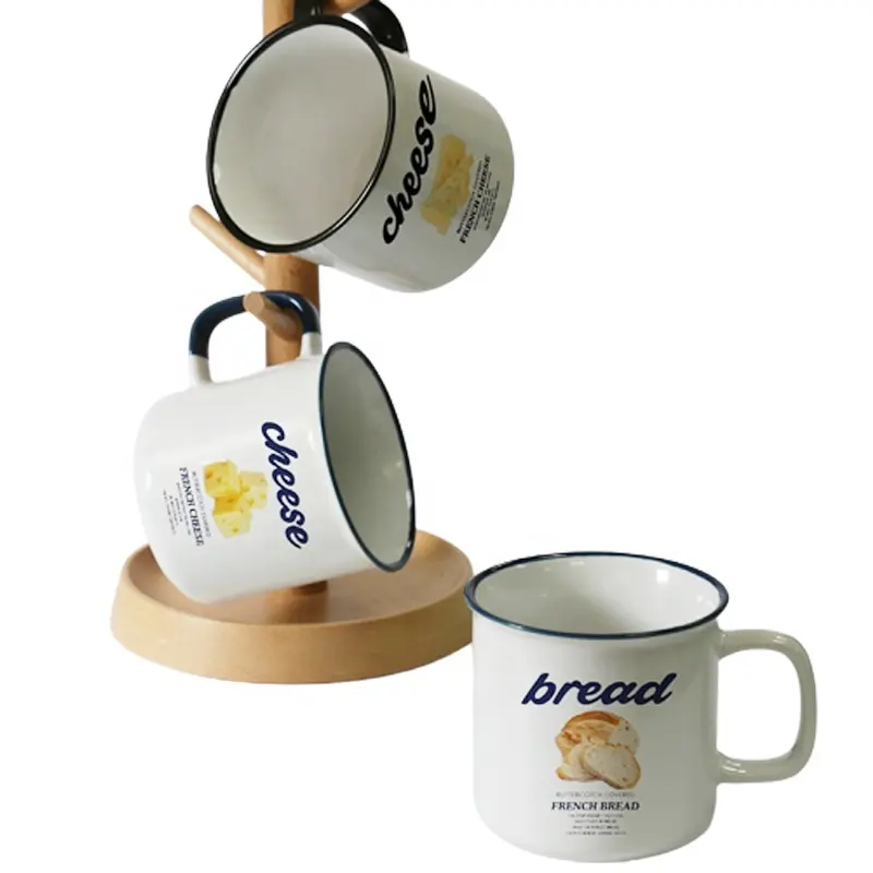 Oem Schattig Ontbijt Melk Emaille Camping Cup Cadeau Set Keramische Koffie Sublimatie Print Custom Mok Met Logo