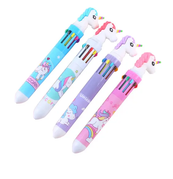 Kawaii multicolor promotional ball point pen 10 colors in 1 with unicorn cartoon silicone top 0.5 mm ball pen