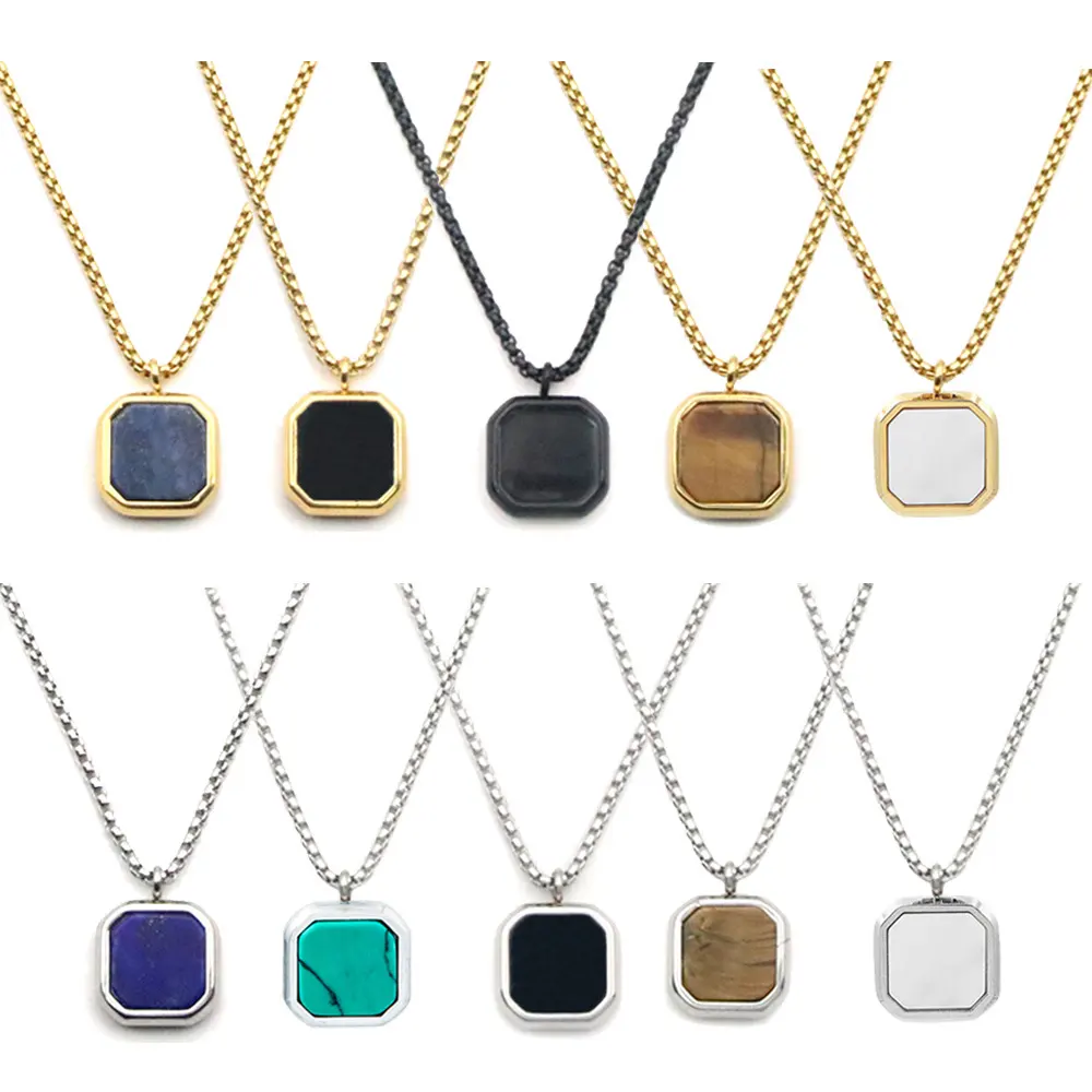 Dainty Colar Aço Inoxidável Esmalte Pingente Quadrado Preto Esmalte Encantos Shell Turquesa Tiger Eye Pedra Pingente para Homens