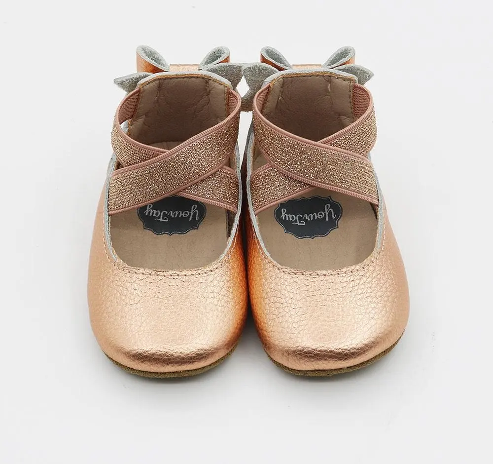LEXING Hot Selling Rose Gold Bow Back Ballet Flats Little Girl First Walkers Baby Dress Shoes For Baby Girl