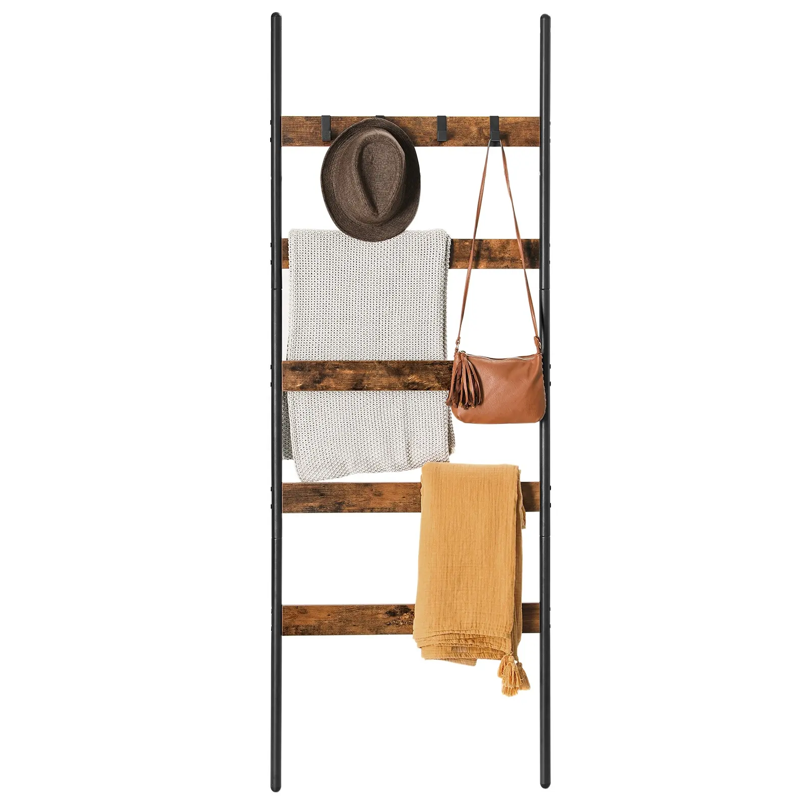 VASAGLE 5 Tier Wooden Blanket Ladder With Organizer Hanging Bar Rack Vintage Throw Blankets Holder Rack